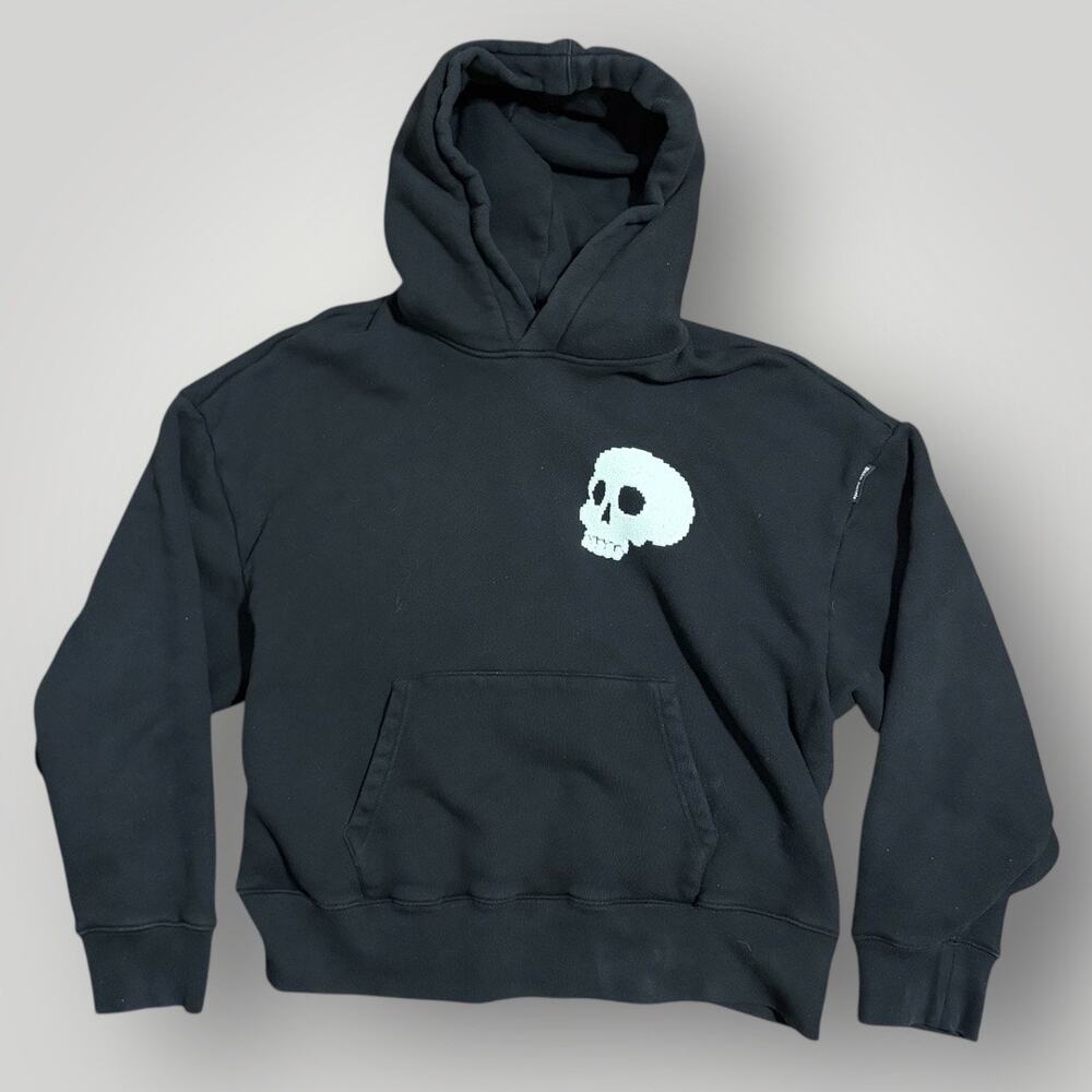 Palm Angels Hoodie Medium Black Pixel Skull Back Logo Heavy Cotton Boxy Crop Fit